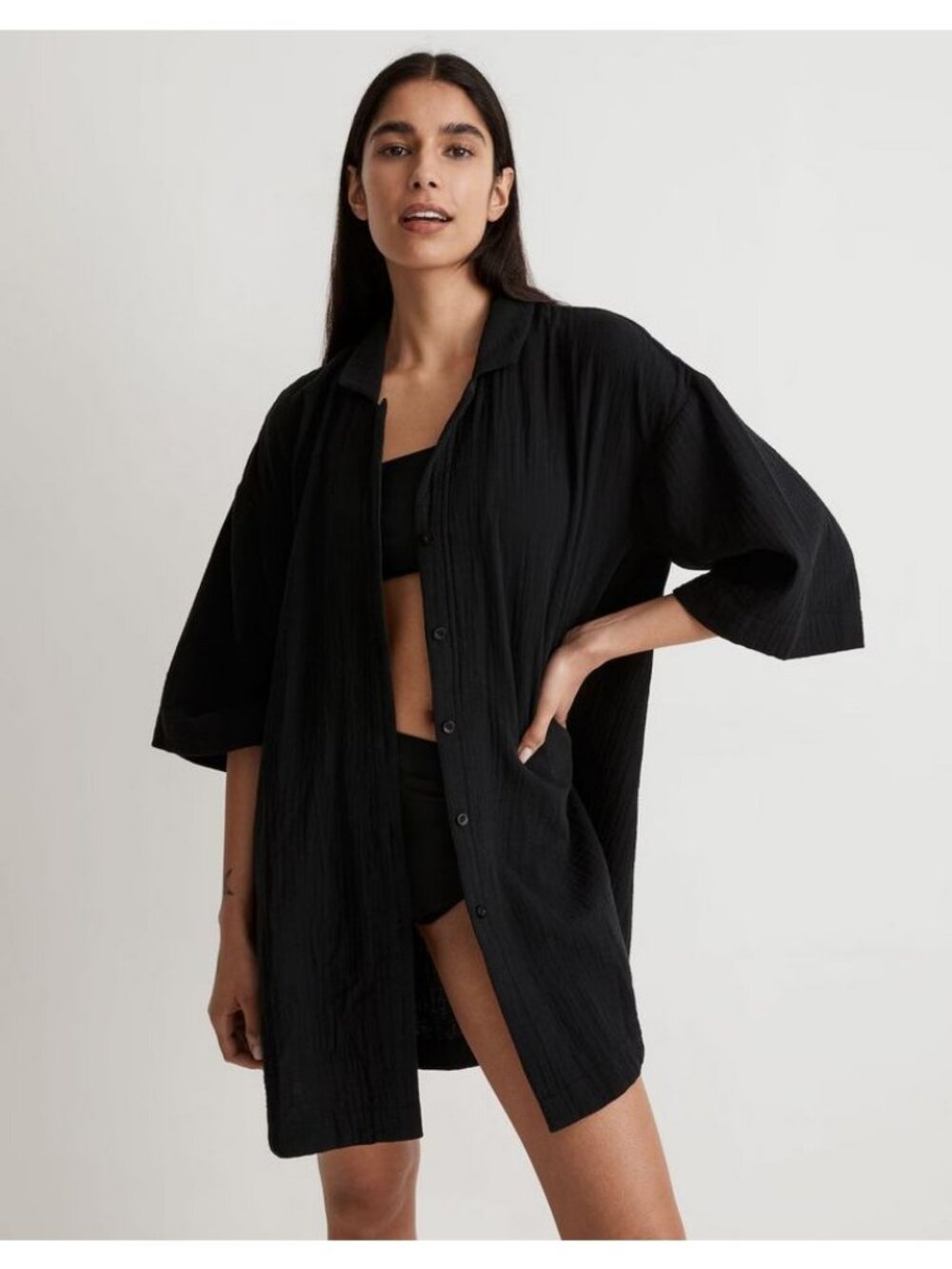 Madewell Crinkle Cotton Cover-Up Mini Shirtdress Women's Size Medium Black NWT!